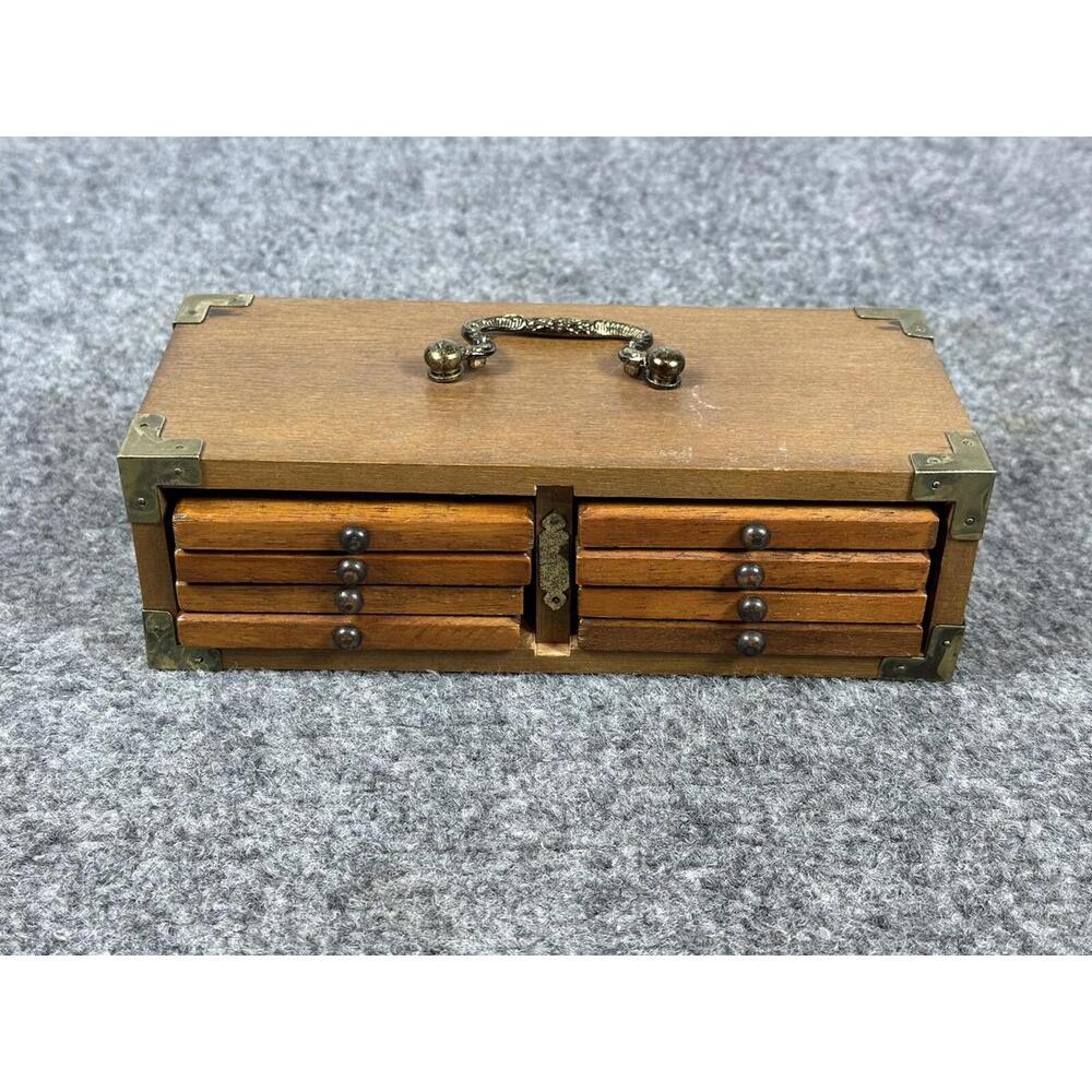 Vintage 70s Coaster Case Box Wood Drawer & Cork 8 Pc Coaster Set Treasure Chest